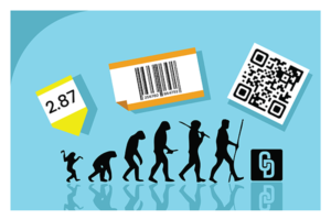 The evolution from the simple price tag, to the barcode and now the QR code.
